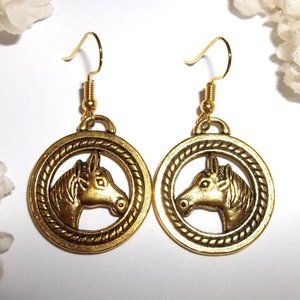 Horse Earrings Dangle Drop Gold Costume Jewelry Western Circle Rope Gift C478